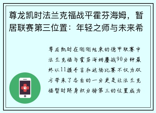 尊龙凯时法兰克福战平霍芬海姆，暂居联赛第三位置：年轻之师与未来希望 - 副本