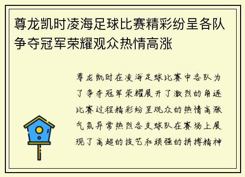 尊龙凯时凌海足球比赛精彩纷呈各队争夺冠军荣耀观众热情高涨