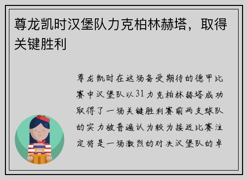 尊龙凯时汉堡队力克柏林赫塔，取得关键胜利