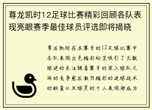 尊龙凯时12足球比赛精彩回顾各队表现亮眼赛季最佳球员评选即将揭晓