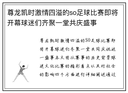 尊龙凯时激情四溢的so足球比赛即将开幕球迷们齐聚一堂共庆盛事