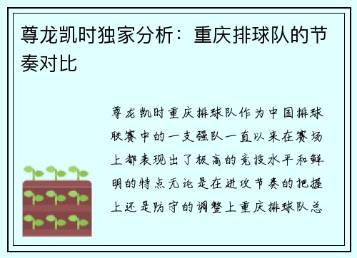 尊龙凯时独家分析：重庆排球队的节奏对比
