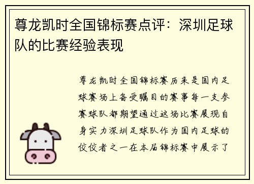 尊龙凯时全国锦标赛点评：深圳足球队的比赛经验表现