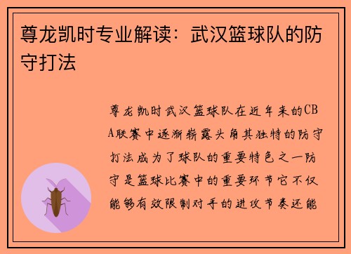 尊龙凯时专业解读：武汉篮球队的防守打法