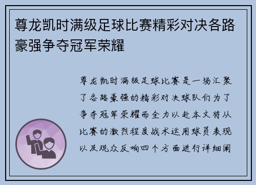 尊龙凯时满级足球比赛精彩对决各路豪强争夺冠军荣耀