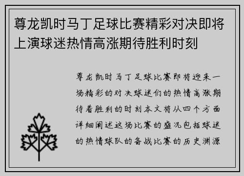 尊龙凯时马丁足球比赛精彩对决即将上演球迷热情高涨期待胜利时刻
