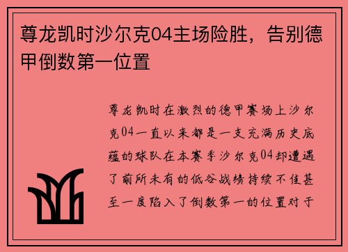尊龙凯时沙尔克04主场险胜，告别德甲倒数第一位置