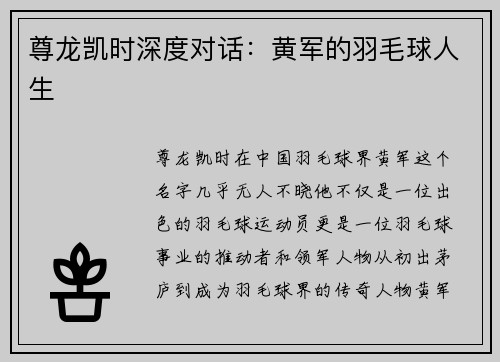 尊龙凯时深度对话：黄军的羽毛球人生