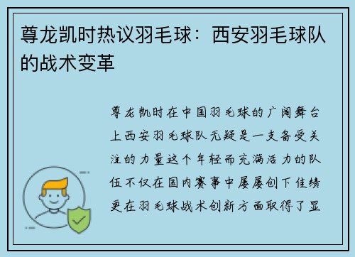 尊龙凯时热议羽毛球：西安羽毛球队的战术变革